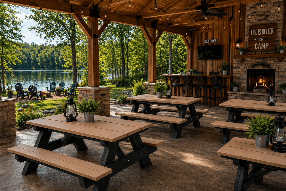 Campground pavilion with commercial picnic tables and bar seating overlooking lake for guest comfort